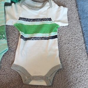 4 Pack Green and White Striped, aligator Print Baby Boy One Piece,  NB